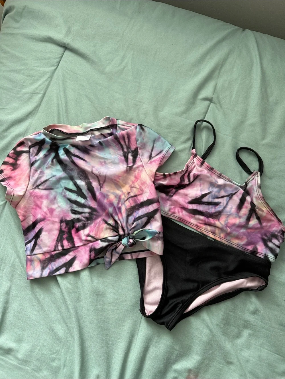 Kids Pink Tie-Dye Swim Top and Black Floral Bikini Set